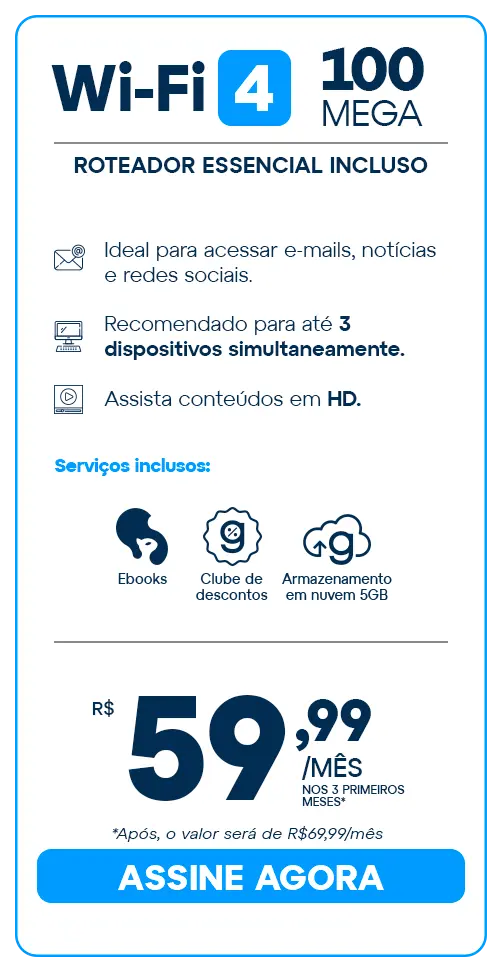 Card Do Plano De Internet Gigalink 100 Mega Com Roteador Wi-Fi 4 Incluso: Ideal Para Até 3 Dispositivos, Uso De Redes Sociais E Streaming Hd. Inclui Serviços Digitais.
